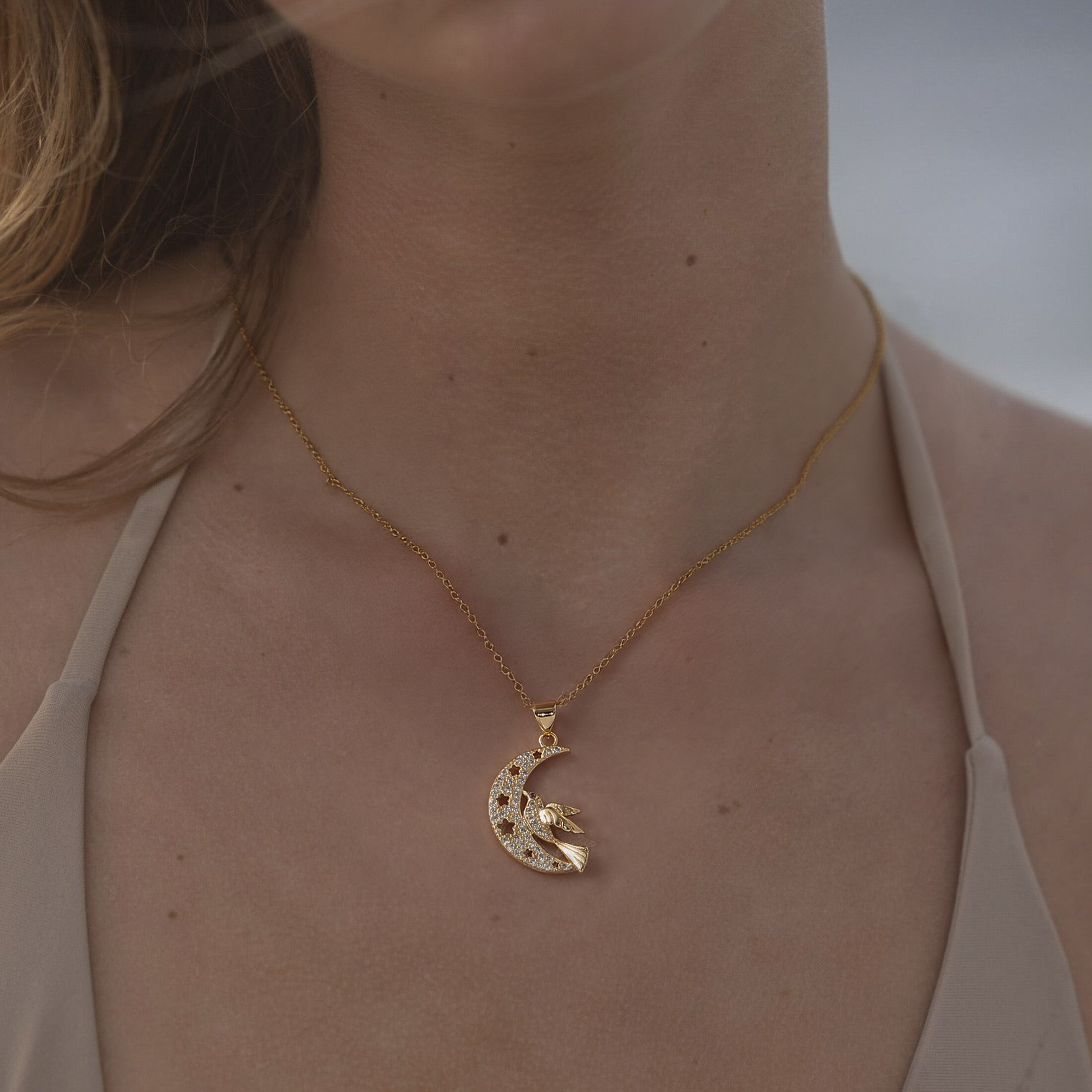 LNCHRAN Moon & Bird Necklace Stainless Steel Beach Jewelry